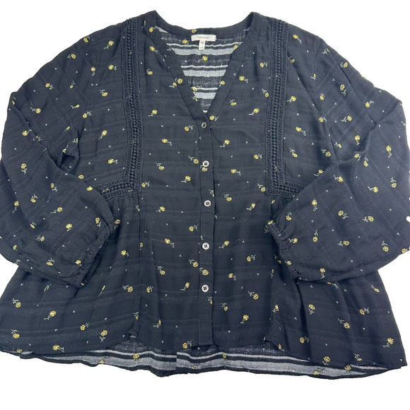 Maurices Women’s‎ Black & Yellow Floral Print Button Front Top Sz XXL linen-feel - Picture 2 of 16